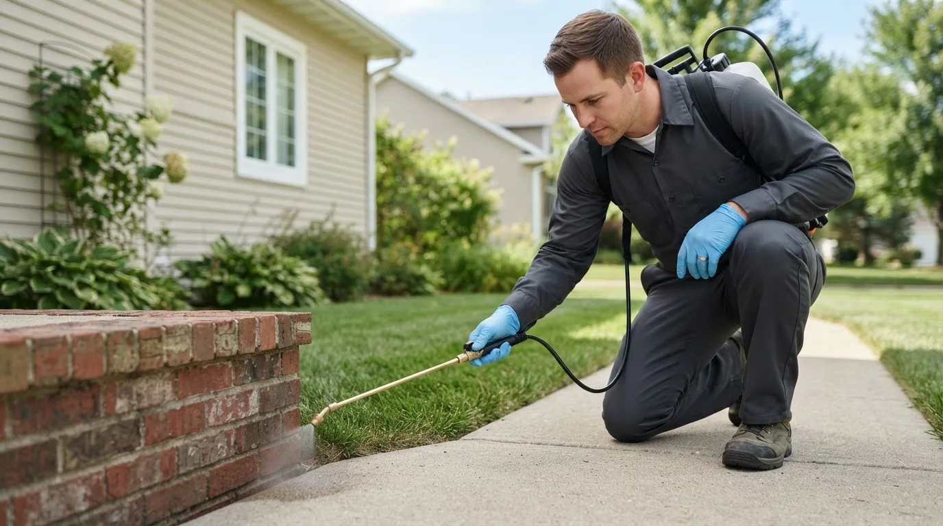 Pest control technician treating a home near Higbee, MO