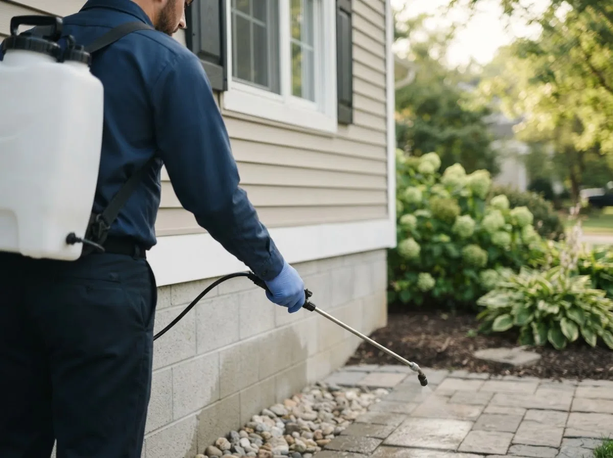 Pest control technician inspecting a home in Higbee, MO
